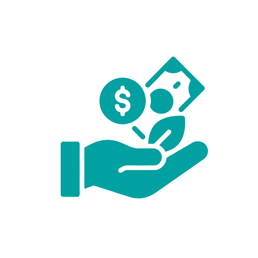 Icon of a hand holding a plant with dollar signs, a coin, and a dollar bill, representing financial growth or investment.