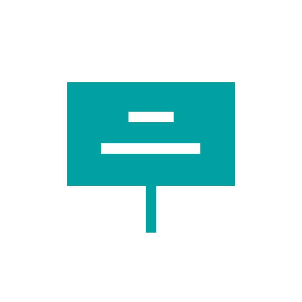 Logo of a company or organization with a speech bubble design, featuring horizontal lines representing text, in blue color.