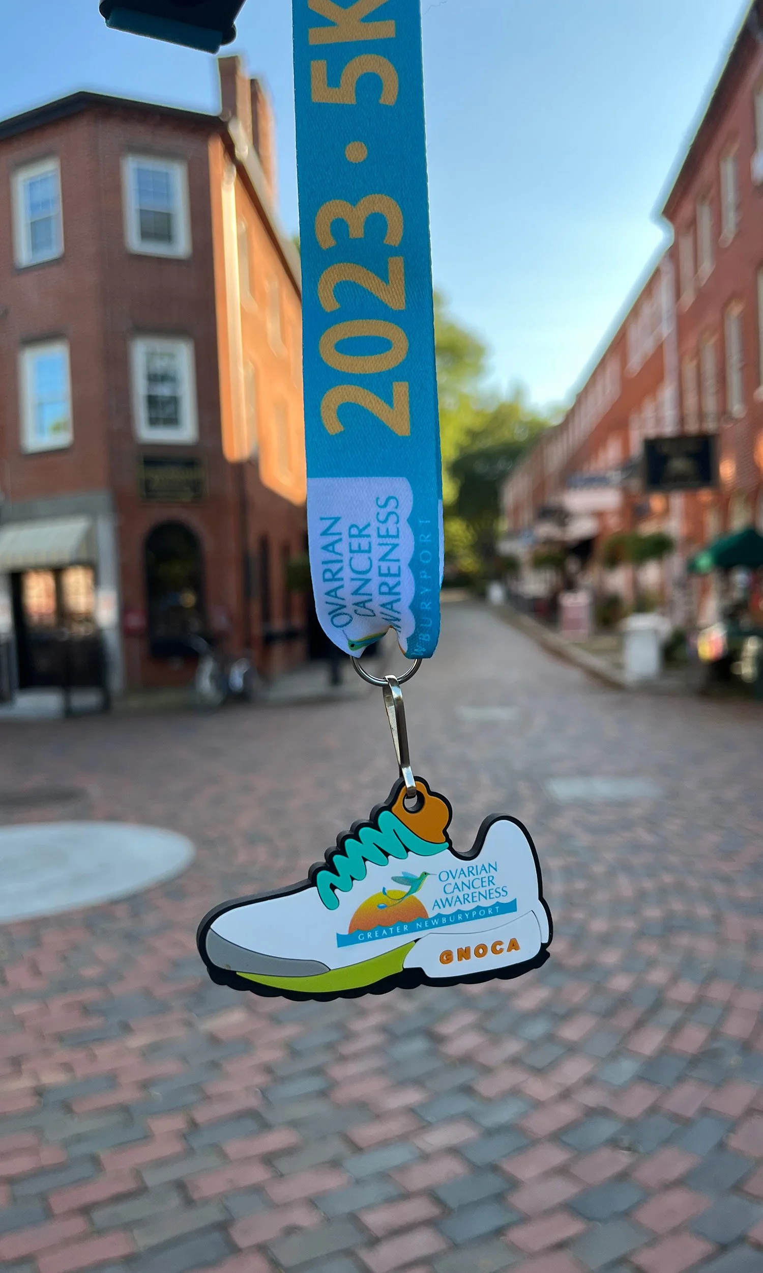 Keychain with Ovarian Cancer Awareness logo hanging in front of brick buildings on a cobblestone street.