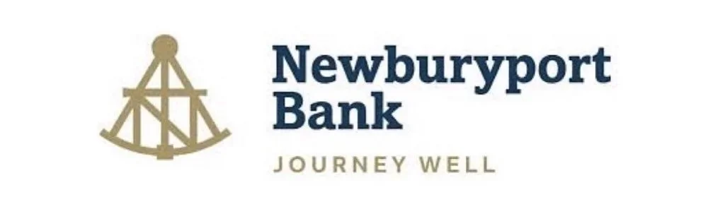 Logo of Newburyport Bank with a gold geometric emblem, the bank's name in blue, and the slogan "Journey Well" in gold.