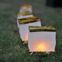Row of illuminated paper lanterns on grass at night