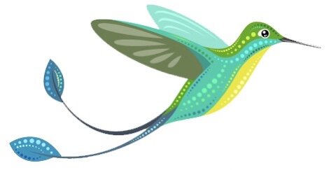 Colorful illustration of a hummingbird with blue, green, yellow, and turquoise feathers, and a long beak.