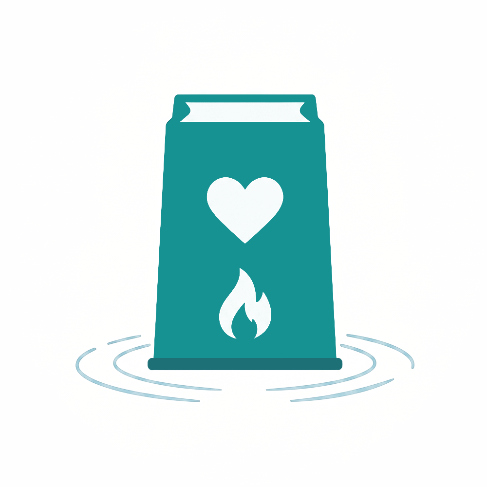 A stylized illustration of a teal outdoor heater with a heart symbol and a flame icon, surrounded by ripples on the ground.
