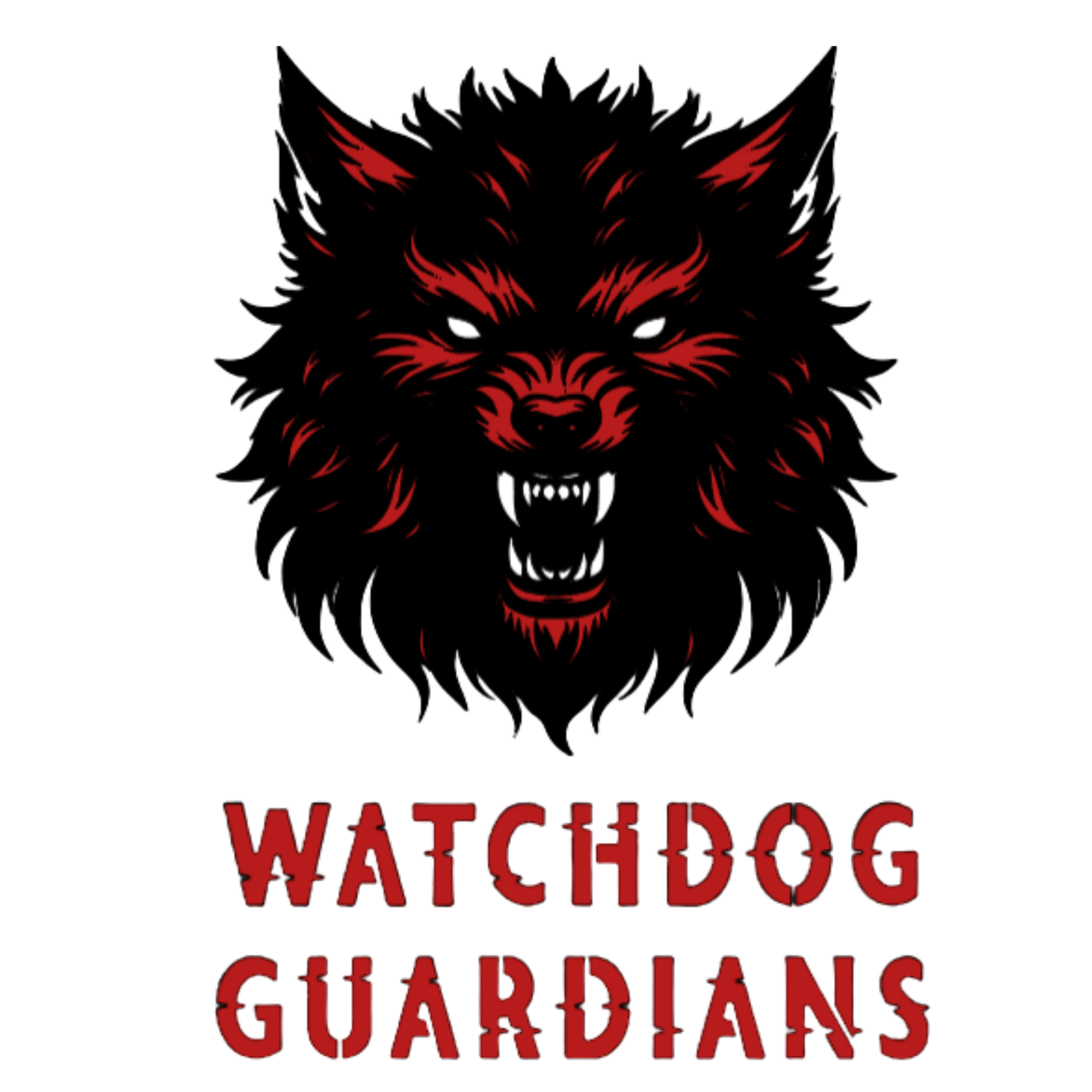 A stylized, aggressive red and black wolf with complete white eyes and bared teeth, with red warning text underneath.