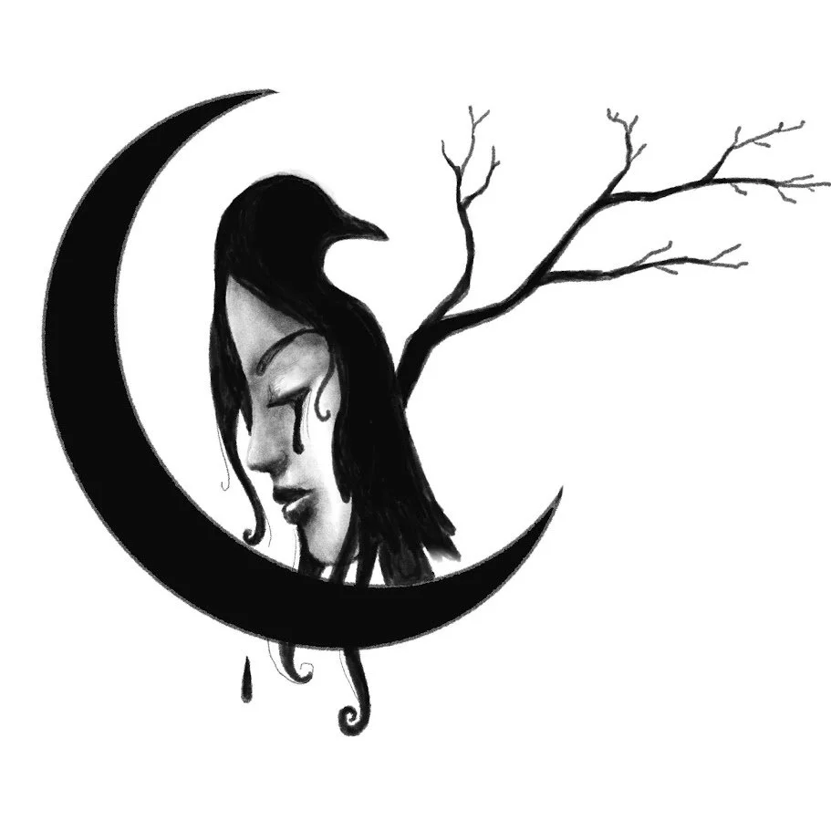 digital drawing | raven art | crescent moon illustration | gothic fantasy art | weeping woman drawing | grief art | expressive digital illustration | Alicia Maye Art