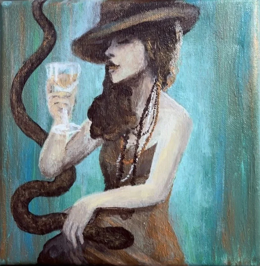 "Pleasure Is Not a Sin" — oil on canvas by Alicia Maye. Woman in wide brim hat with pearls and wine glass, snake coiled around her. Painterly figurative work.