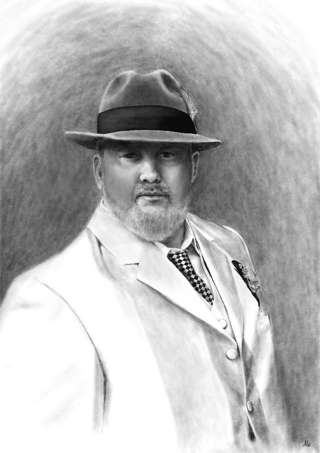 Digital graphite portrait of Todd Mill by Alicia Maye. Fedora hat, speakeasy style. Commission example.