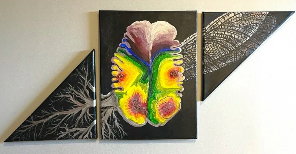 Original triptych wall art by Alicia Maye — botanical roots, brain imagery, and wing motifs across three panels | stroke recovery art | mixed media | Alicia Maye Art
