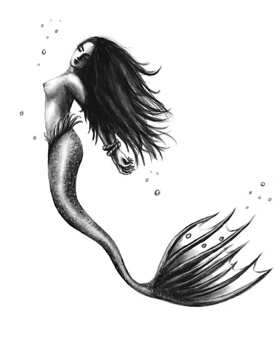 Original digital mermaid drawing by Alicia Maye. Black and white, flowing hair, fine art illustration. Created on iPad Pro.