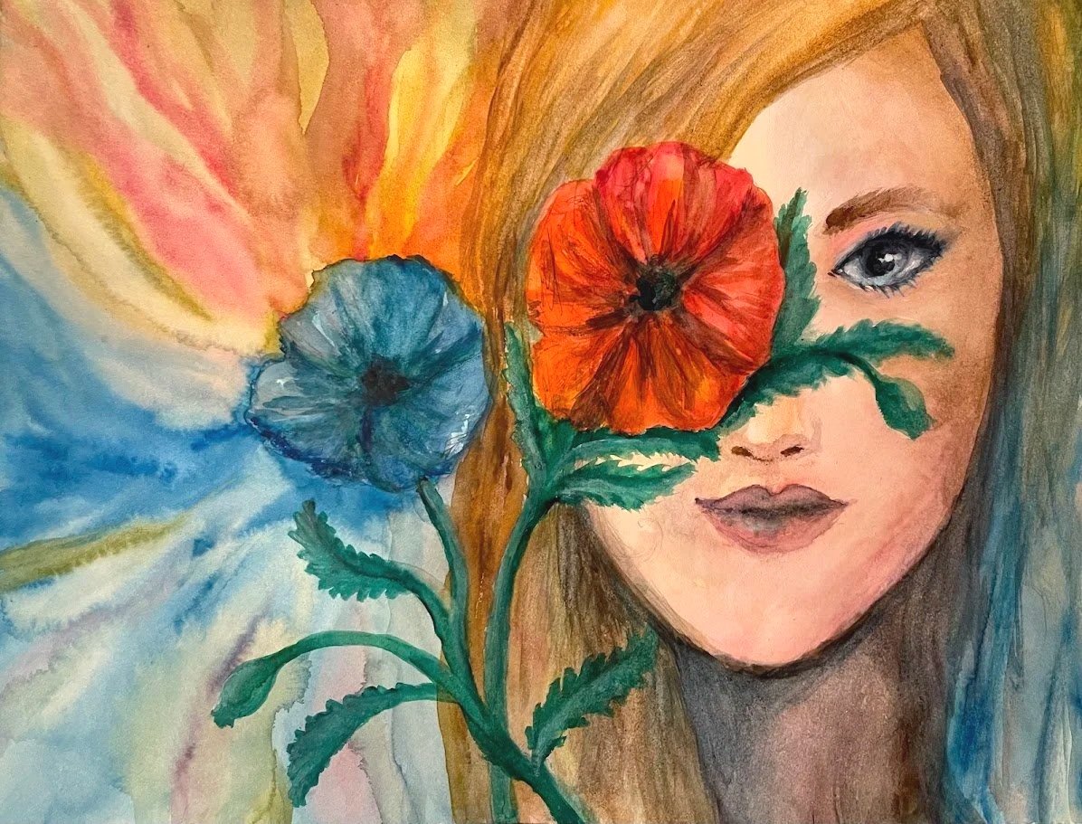 mixed media portrait | watercolor portrait | poppy painting | botanical portrait | gouache painting | India ink art | floral figure painting | original art for sale | Alicia Maye Art