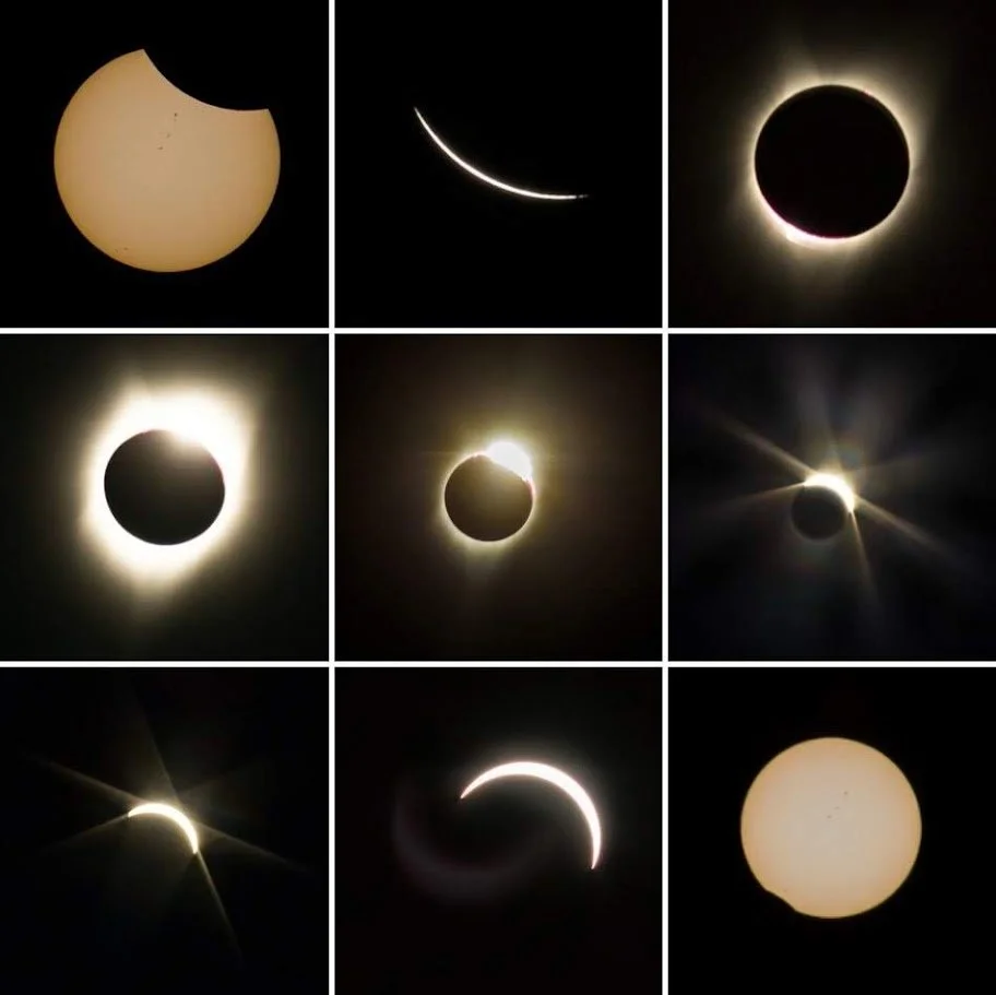 A collage of nine photos by Alicia Maye showing various phases of a solar eclipse, including the moon covering the sun and the sun's corona visible around the moon.