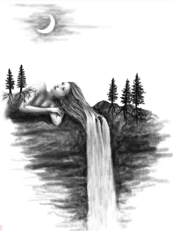 digital drawing | procreate art | woman waterfall drawing | nature figure art | moon drawing | Pacific Northwest art | surreal landscape | figurative digital art | original art print | Alicia Maye Art