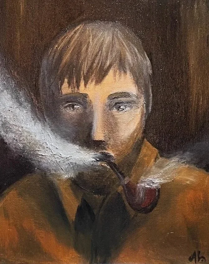 Portrait of a stranger by Alicia Maye — digital graphite realism figure with pipe and smoke painted from imagination | no reference used | Procreate iPad Pro | Alicia Maye Art