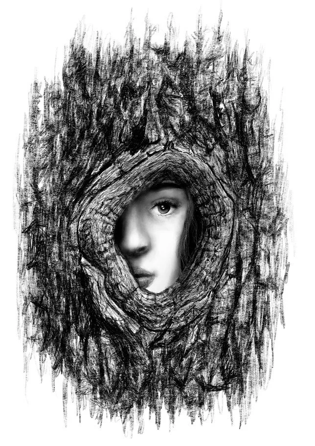 "She Remembers" — by Alicia Maye. Woman's face emerging from a tree knot, one eye watching. Digital drawing, iPad Pro.