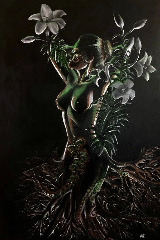 Earth Girl — acrylic painting by Alicia Maye, woman emerging from roots on black canvas with iridescent shimmer paint, Cashmere Washington artist
