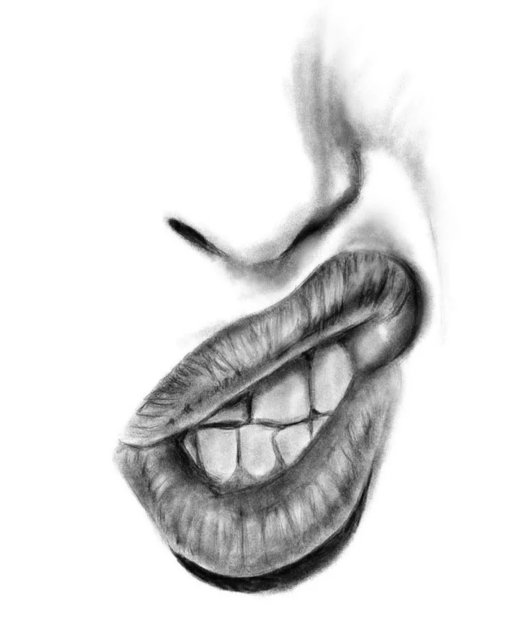 "I Can't Believe the Cheek" — by Alicia Maye. Close-up graphite study of a mouth, barely contained rage. Original fine art.