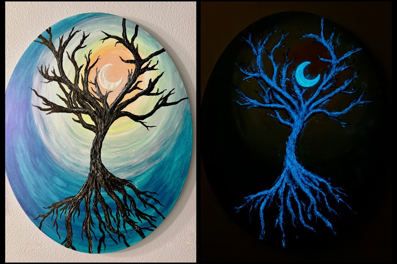 Dancing in the Moonlight by Alicia Maye — glow in the dark and color shifting iridescent acrylic painting on oval canvas | tree with roots and crescent moon | two paintings in one | Alicia Maye Art