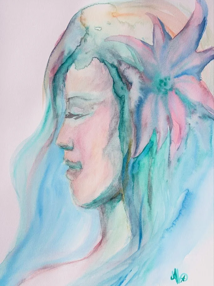 watercolor portrait | Hawaii art | Kauai painting | floral portrait watercolor | loose watercolor figure | fine art print | painterly portrait | Alicia Maye Art