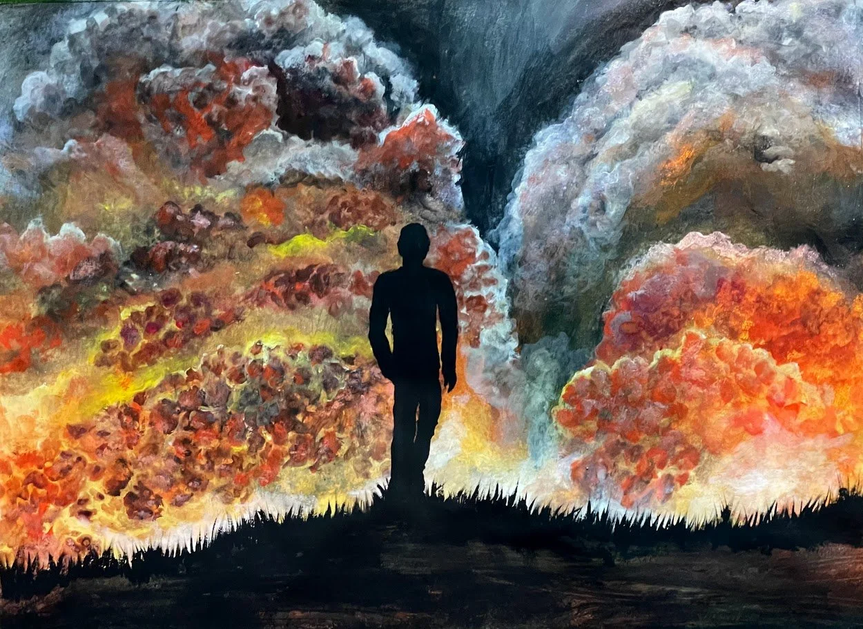 The Verdict — acrylic painting by Alicia Maye | silhouette figure walking away from explosion | figurative painting | vindication | Alicia Maye Art