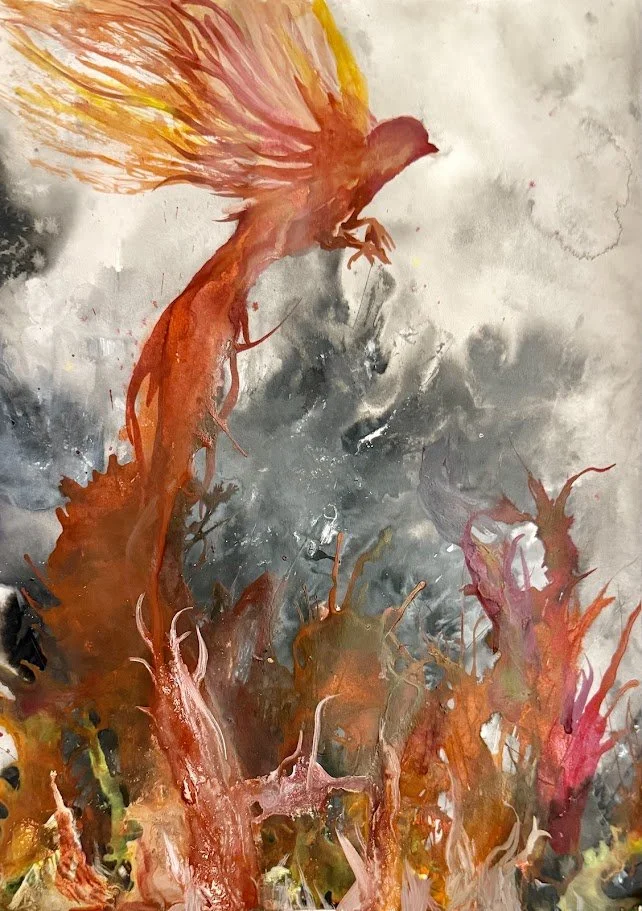 Phoenix rising — original painting by Alicia Maye. Fiery red, orange, and yellow on grey.