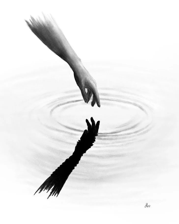 Original illustration by Alicia Maye. Two hands reaching toward each other, reflection in water. Fine art drawing created on ipad Pro.