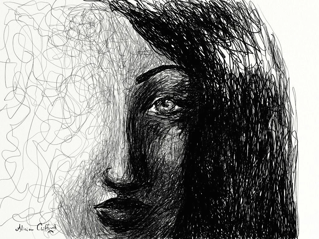 "Control and Freedom" — pen on paper by Alicia Maye. Portrait built from two contrasting techniques: loose scribble and dense controlled hatching. Same face, two truths.