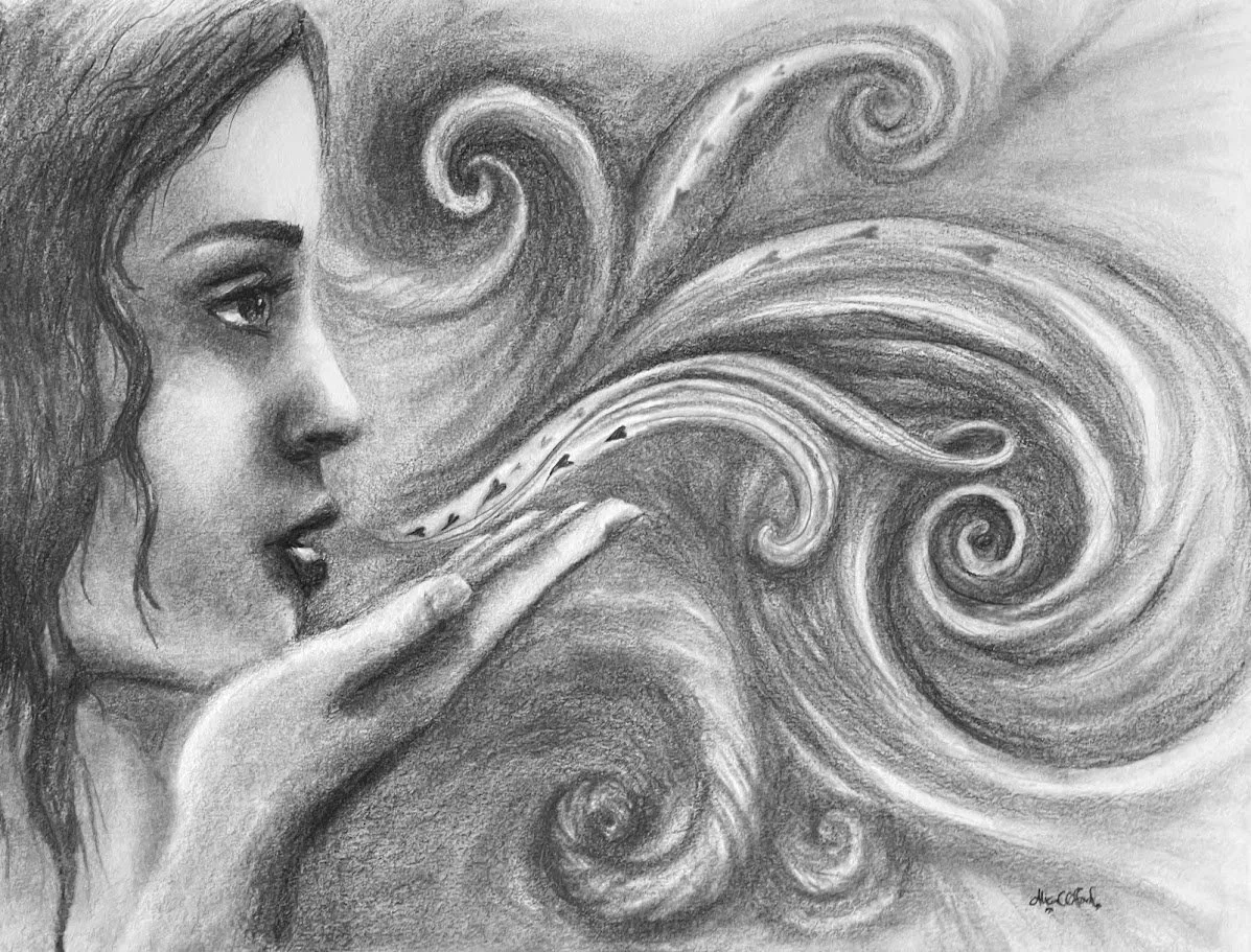 "Sending Love" — graphite on paper by Alicia Maye. Woman in profile blowing swirling wind and birds from her hand. Original fine art drawing.