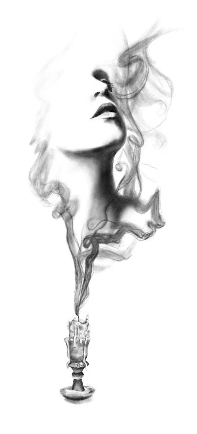 Candle smoke woman drawing by Alicia Maye — woman's face emerging from candle smoke | graphite figurative art | Alicia Maye Art