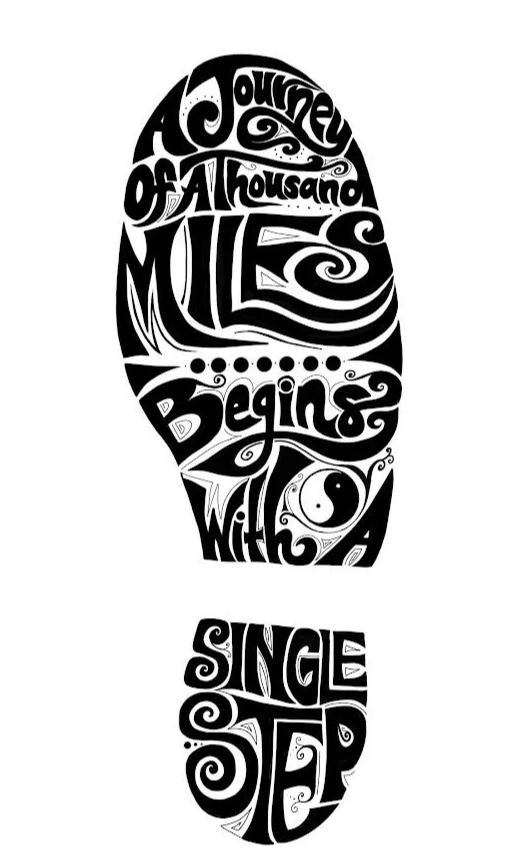 Footprint typography illustration by Alicia Maye — a journey of a thousand miles begins with a single step | Alicia Maye Art