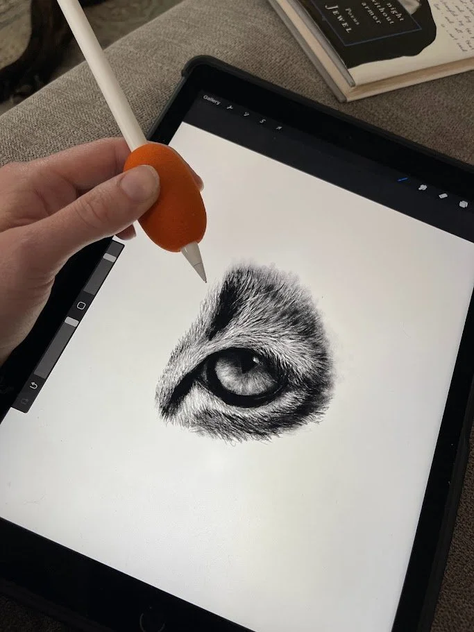 Alicia Maye drawing a photorealistic cat eye on iPad Pro in Procreate using Apple Pencil. Digital art process shot.