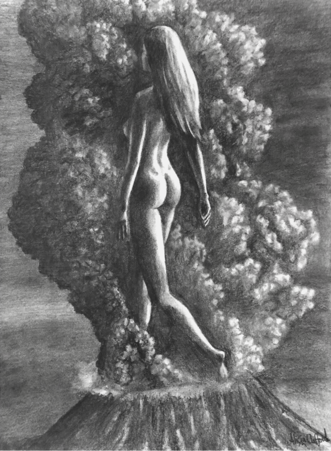 Original graphite drawing by Alicia Maye. Woman standing on volcanic crater surrounded by billowing smoke.