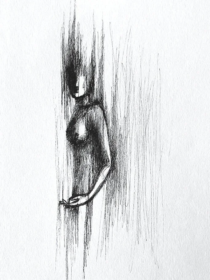 Original figure sketch by Alicia Maye. Black and white pen, standing female figure, textured background.