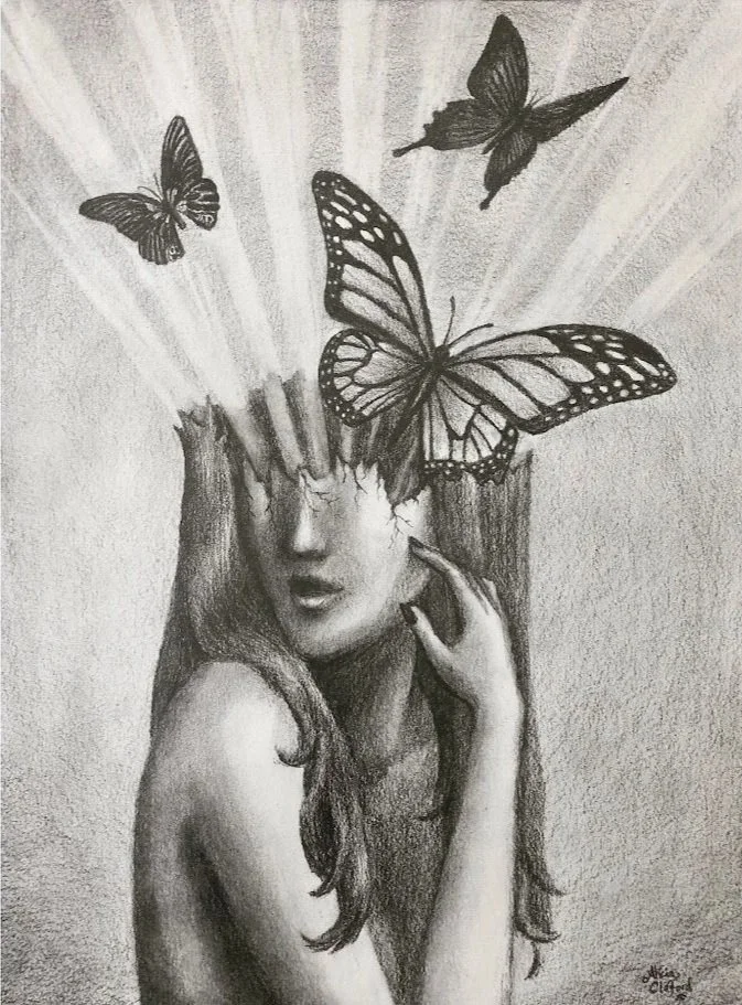 charcoal figure drawing | surreal portrait | butterfly drawing | stroke recovery art | memory art | figurative charcoal | expressive drawing | original art for sale | metamorphosis art | brain art | Alicia Maye Art