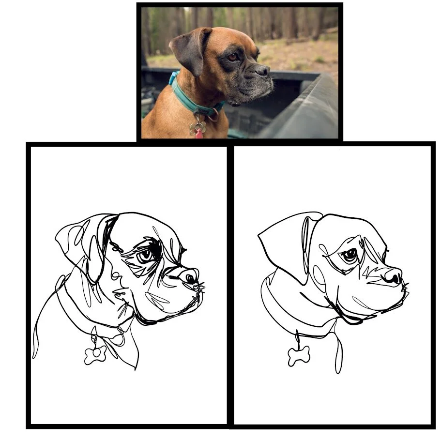 Custom continuous line dog portrait by Alicia Maye alongside reference photo. Pet portrait commission example.