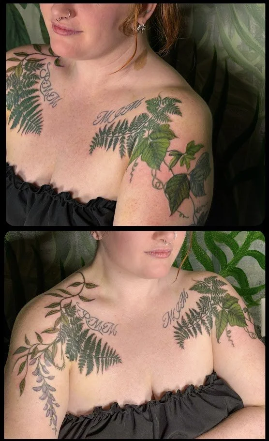 Healed freehand botanical tattoo by Alicia Maye. Ferns and vine on shoulders. Text lettering not by Alicia Maye.