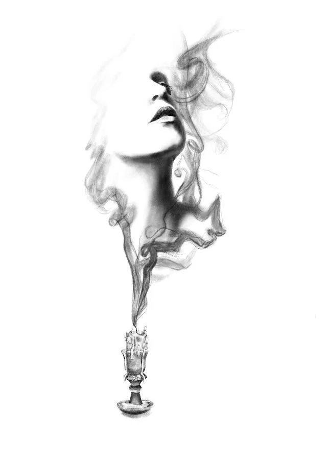 Original digital drawing by Alicia Maye. Woman's form emerging from burnt out candle smoke. iPad fine art illustration.