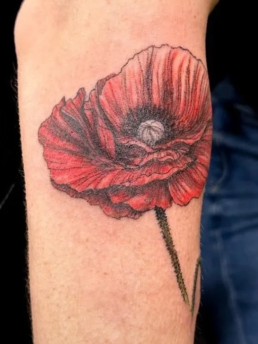 A tattoo of a poppy flower with red petals and a green stem on a person's arm.