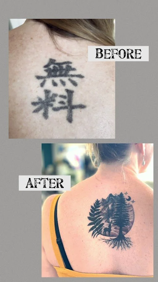 Comparison of a tattoo before and after additional details; the before shows a black tattoo with Japanese characters on skin, and the after shows a detailed nature scene with trees, mountains, a moon, and stars on a woman's back.
