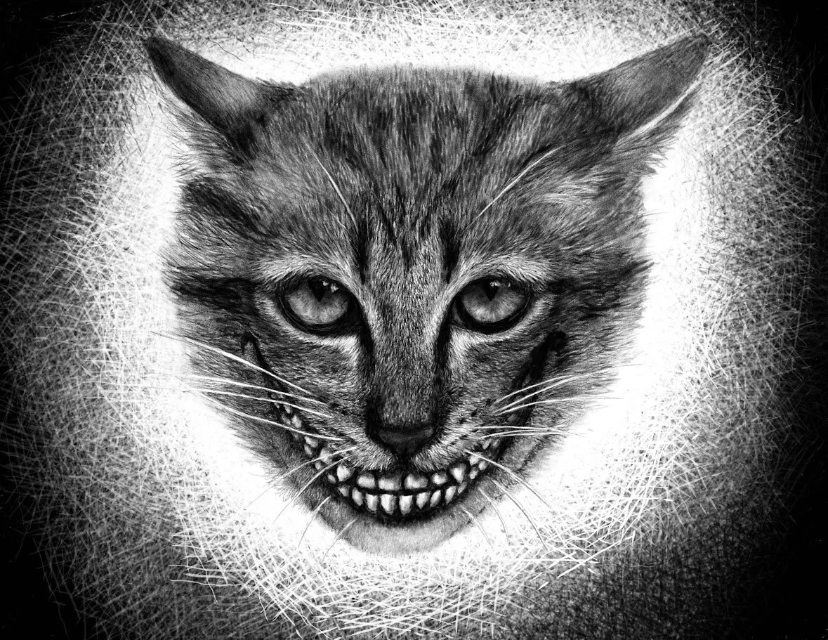 Cheshire Cat portrait by Alicia Maye — black and white realism drawing with intense eyes and sharp teeth | Alice in Wonderland inspired art | original drawing | Alicia Maye Art