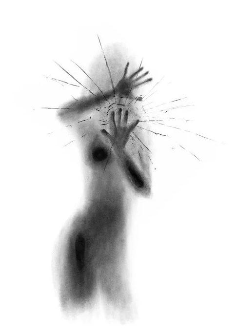 Original digital drawing by Alicia Maye. Human figure silhouette with shattering cracks radiating outward. iPad fine art illustration.
