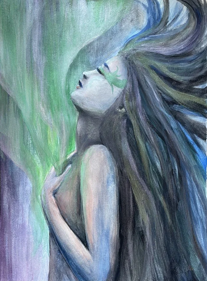 "Aurora" — gouache and iridescent acrylic on paper by Alicia Maye. Woman with hair flowing upward bathed in northern lights green. Painted after witnessing the aurora borealis in Cashmere, WA.