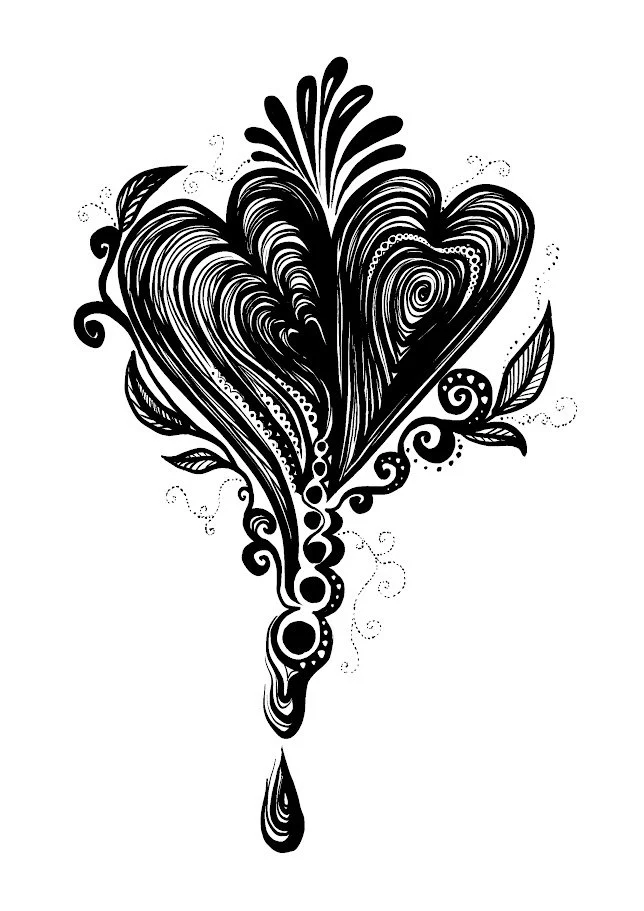 "Betwixt" — freehand digital illustration by Alicia Maye. Two hearts merging into one ornate botanical form, overflowing. iPad Pro.