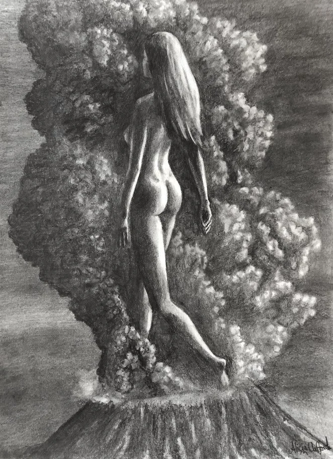 charcoal figure drawing | nude figure study | goddess art | volcanic eruption drawing | figurative charcoal art | resurrection art | original drawing for sale | Alicia Maye Art