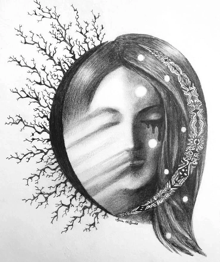 "Migraine" — graphite on paper by Alicia Maye. Woman's face with aura light streaks, intricate mandala patterns, and bare branches. Personal fine art inspired by stroke-related migraines.