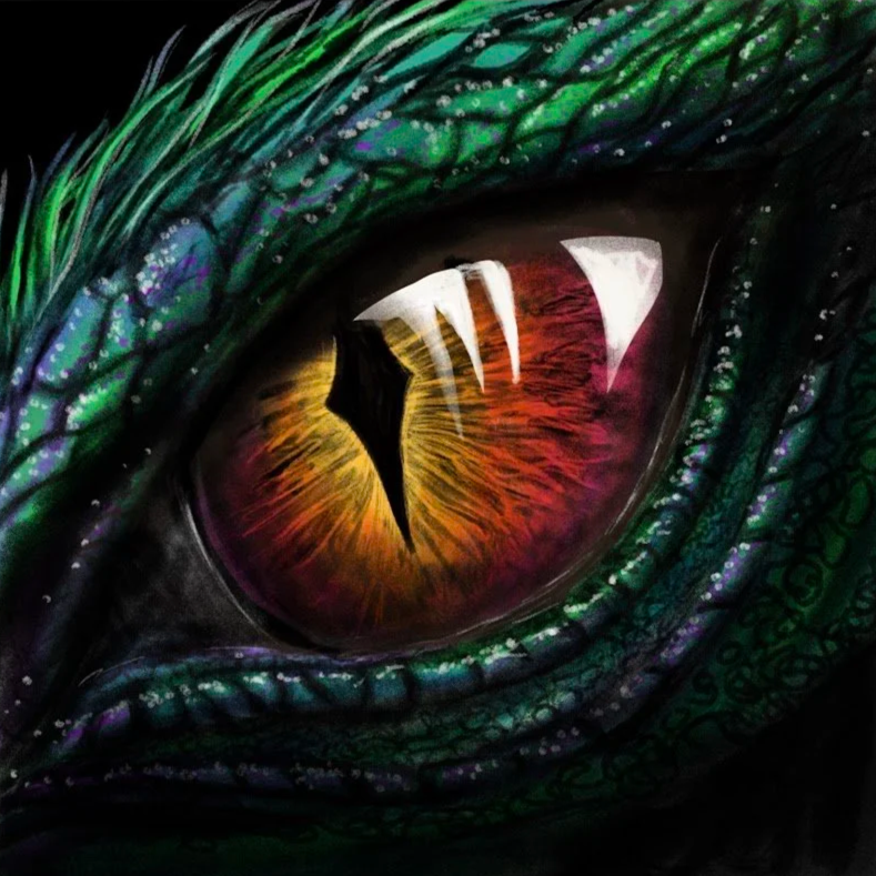 "You Are the Dragon" — freehand digital drawing by Alicia Maye. Close-up dragon eye in gold and red with iridescent green scales. Fantasy fine art, iPad Pro.