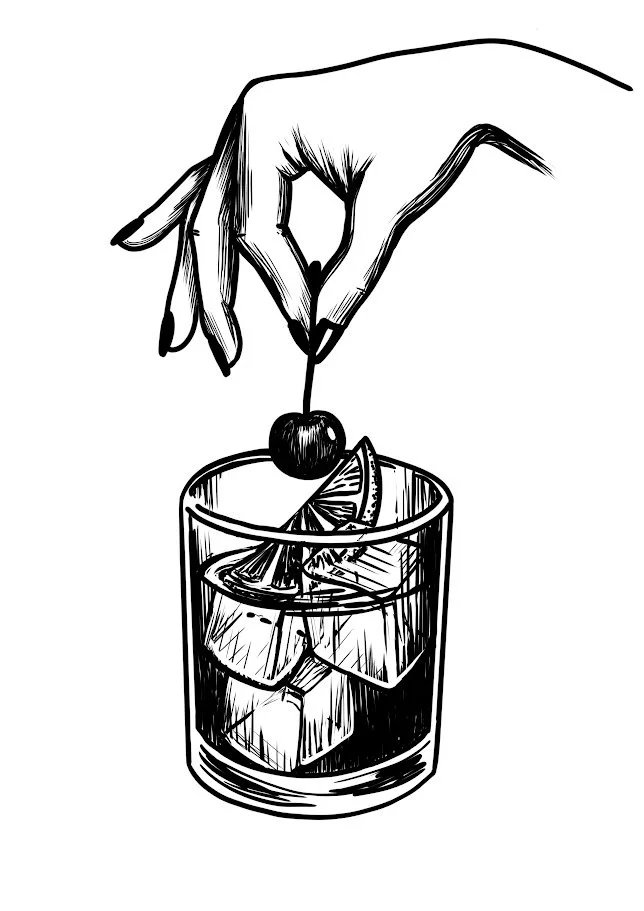 ink illustration | cocktail art | hand drawing | linocut style illustration | graphic linework | bar art print | original illustration | Alicia Maye Art