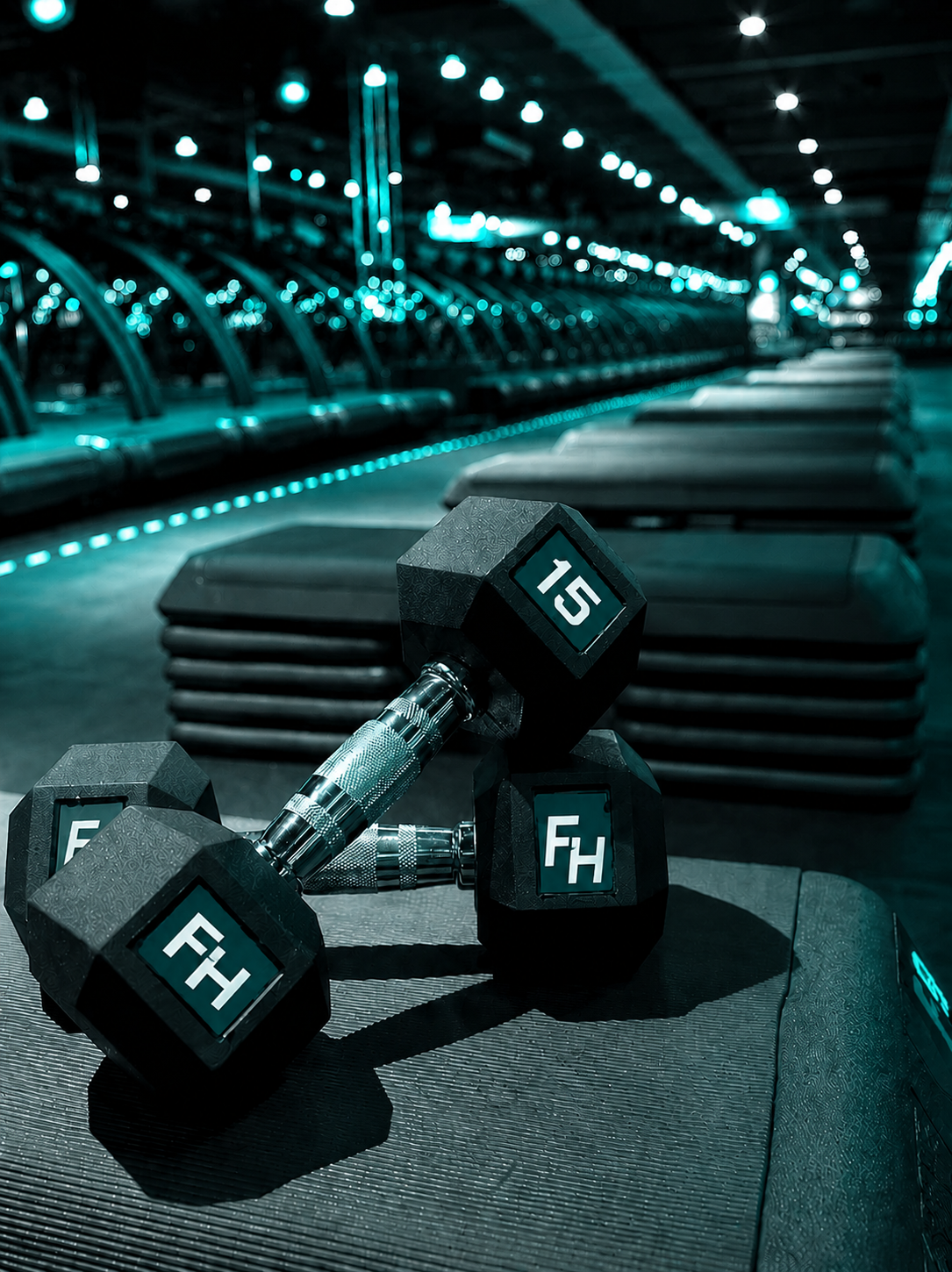 Set of black dumbbells with white numbers, 15 and FH, resting on a black mat in a dimly lit gym with blue LED lighting and exercise benches in the background.