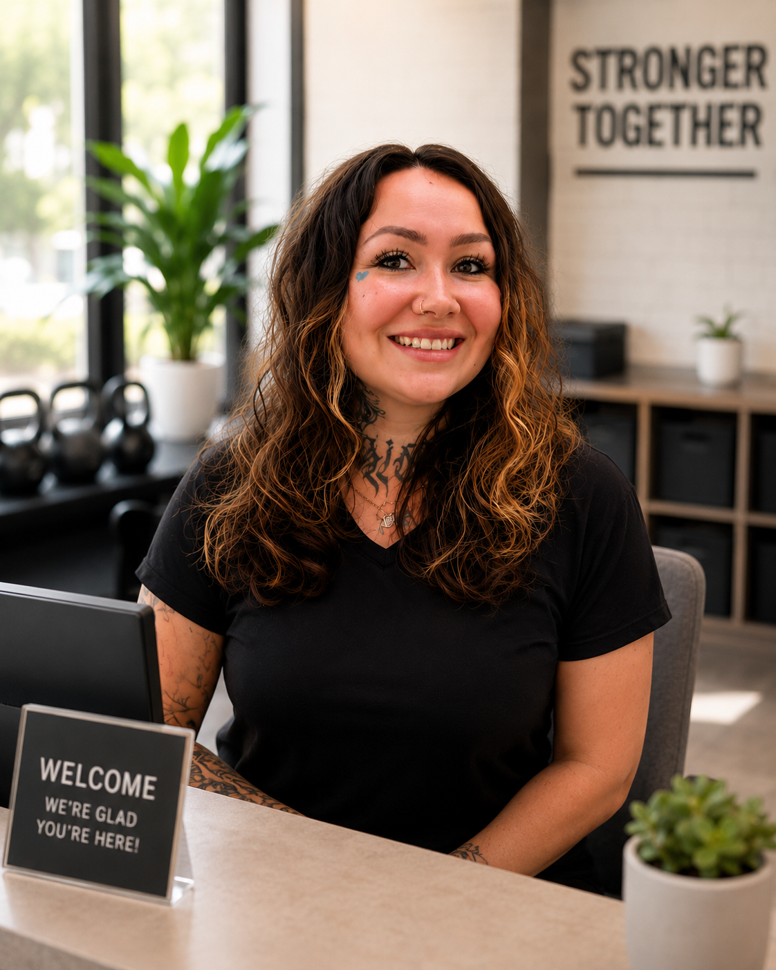 A smiling woman with curly brown hair and tattoos on her neck and arms, sitting at a reception desk with a welcome sign in front. Behind her are large windows, plants, kettlebells, and a sign on the wall that says 'Stronger Together'.