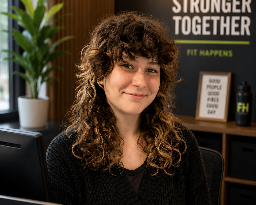 A woman with curly brown hair smiling in an office setting with a plant and motivational poster in the background.