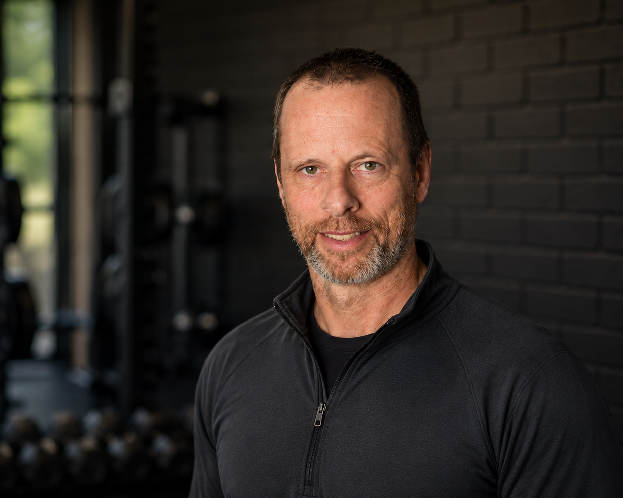 A middle-aged man with a beard and short hair smiling in a gym with black brick walls and dumbbells in the background.
